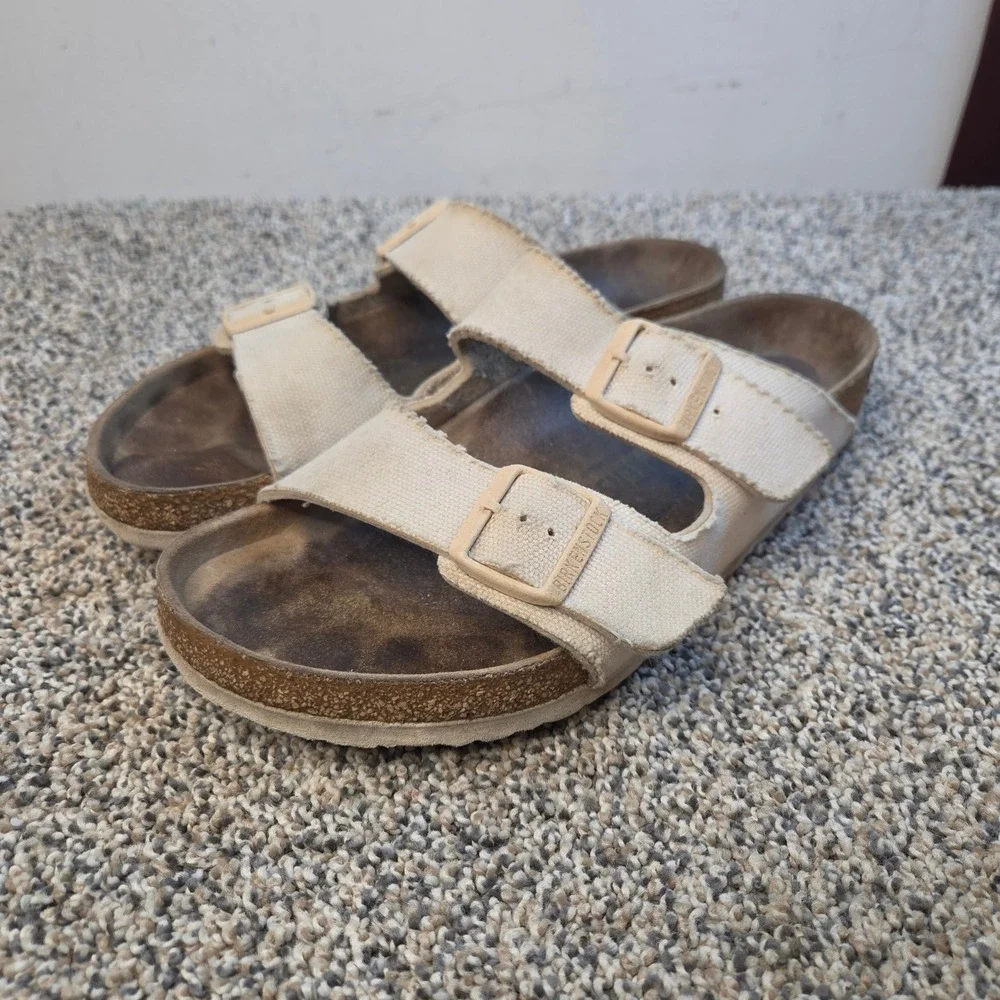 Birkenstock‎ Arizona Canvas Sandals Cream Off White Two Strap Slides Mens 9 L11
